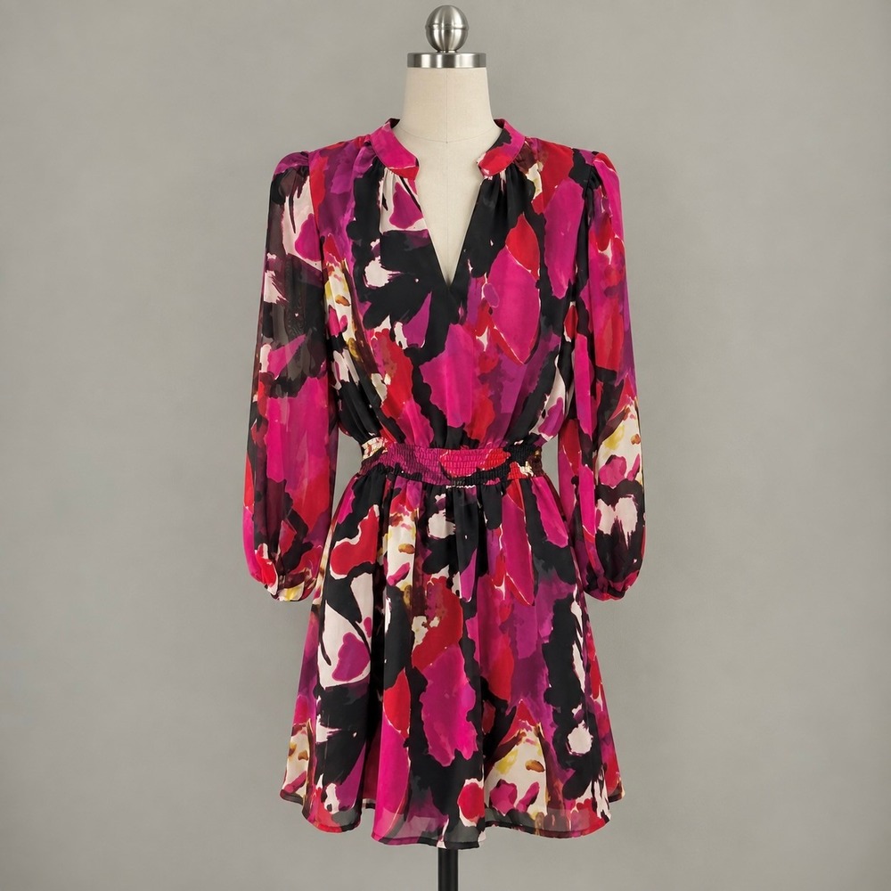 Trina Turk Dress Women's XS Pink Black Floral Long Sleeve V Neck Mini Cocktail